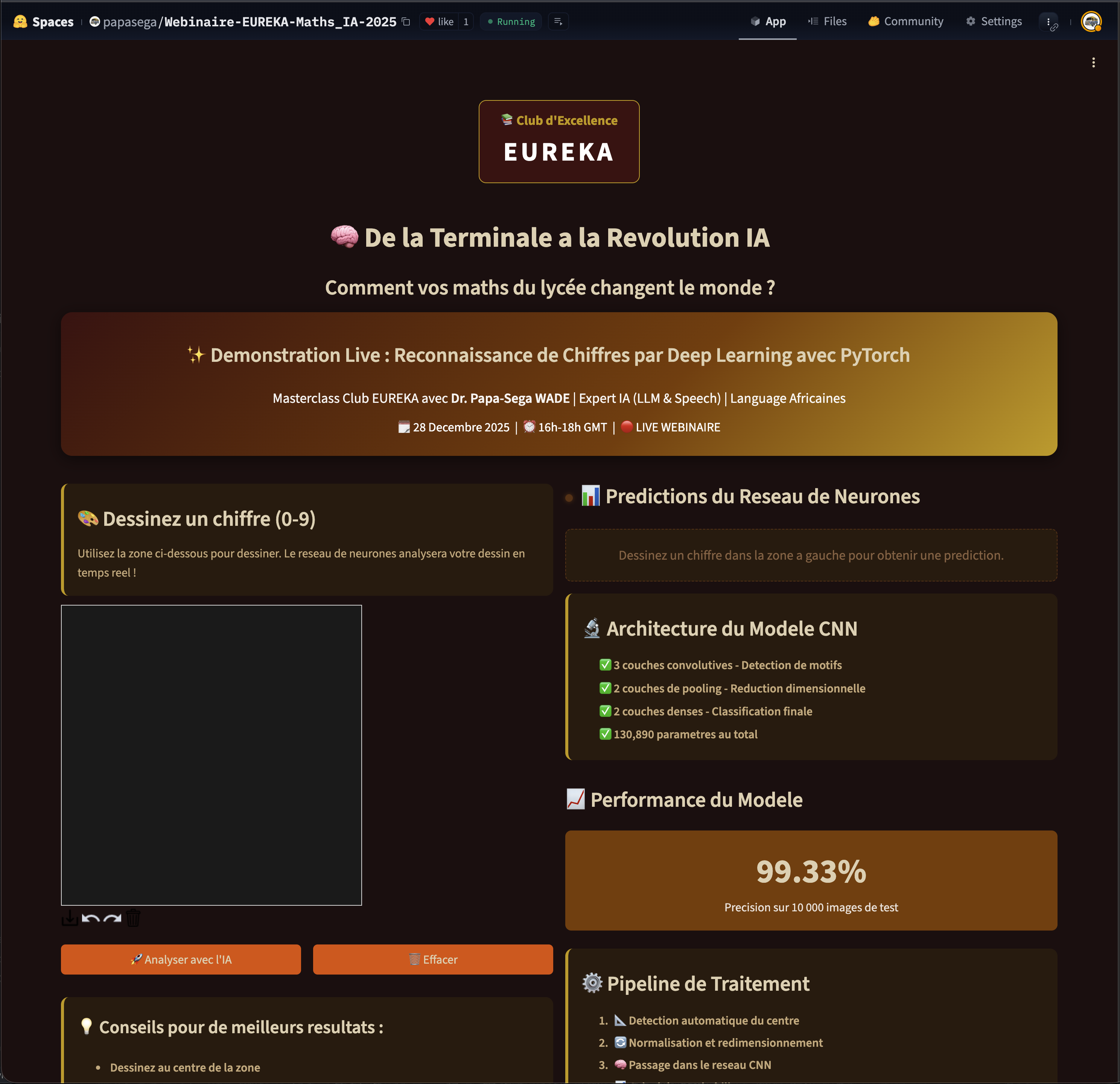 Interface EUREKA MNIST — canvas vide, architecture CNN et performance 99.33%
