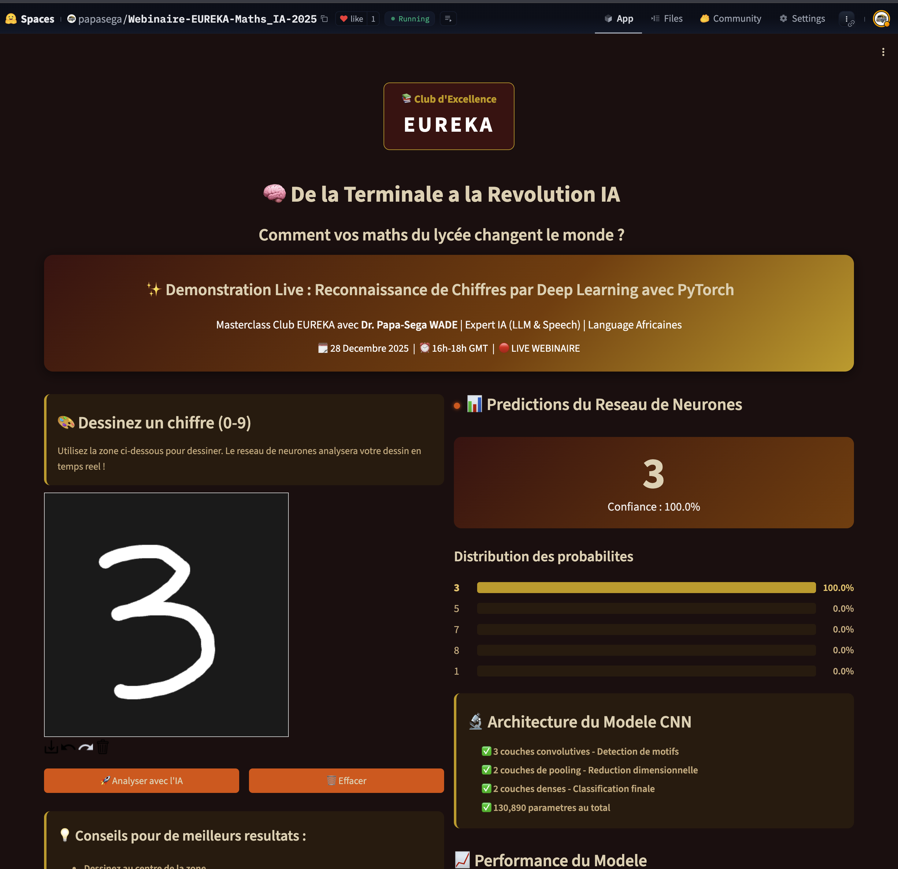 Prédiction du chiffre 6 avec 74.7% de confiance et distribution des probabilités